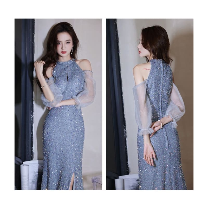 Cold-Shoulder Sequin Sheath Evening Gown