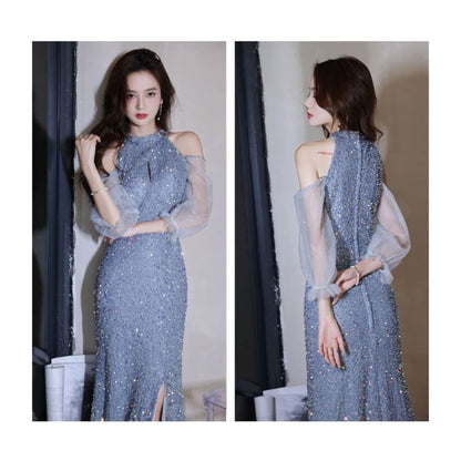 Cold-Shoulder Sequin Sheath Evening Gown