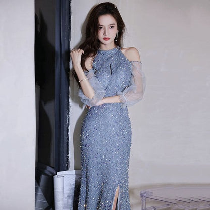 Cold-Shoulder Sequin Sheath Evening Gown