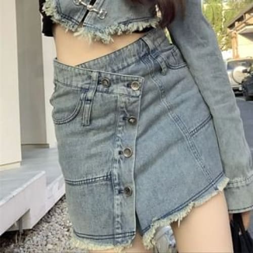 Collar Asymmetrical Fringed Denim Crop Jacket / High Waist