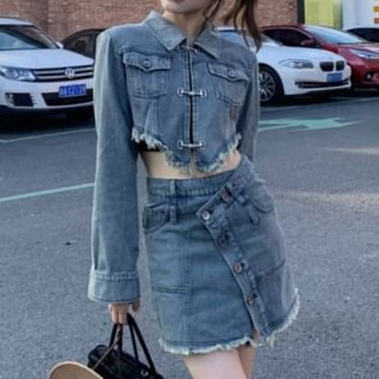 Collar Asymmetrical Fringed Denim Crop Jacket / High Waist