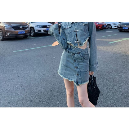 Collar Asymmetrical Fringed Denim Crop Jacket / High Waist