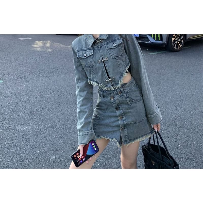 Collar Asymmetrical Fringed Denim Crop Jacket / High Waist