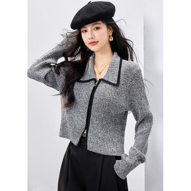 Collar Plain Zip Cardigan - Gray / S