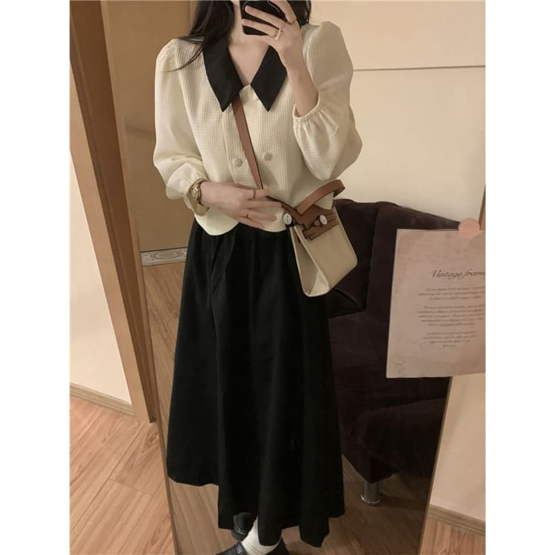 Collared Double Breasted Jacket / High Waist Maxi A-Line