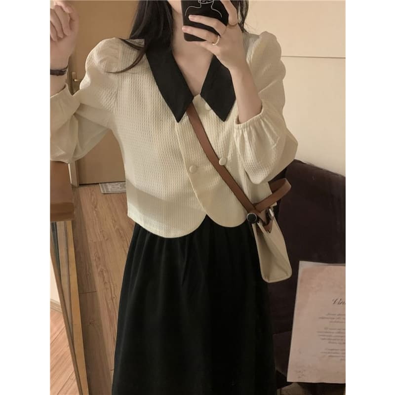 Collared Double Breasted Jacket / High Waist Maxi A-Line