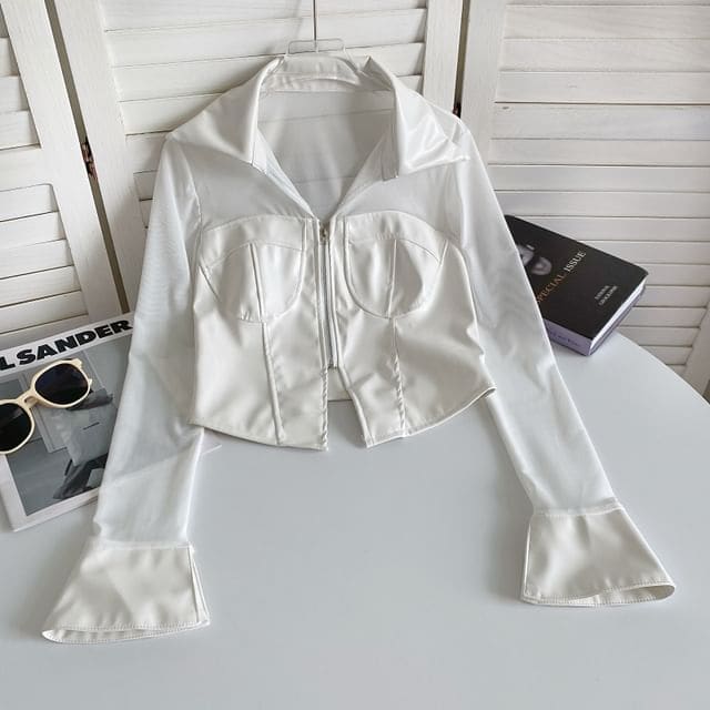 Collared Faux Leather Panel Zip Shirt - White / One Size