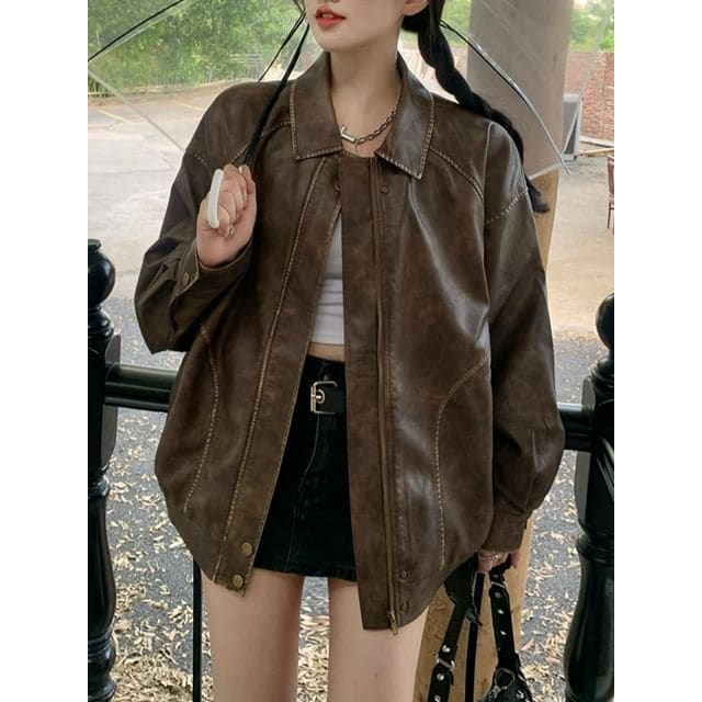 Collared Faux Leather Zip Jacket - Brown / S