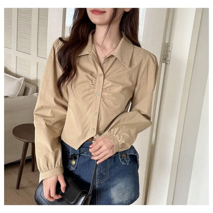 Collared Plain Ruched Shirt