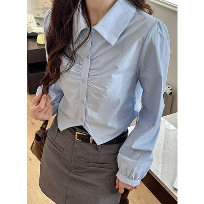 Collared Plain Ruched Shirt - Blue / One Size