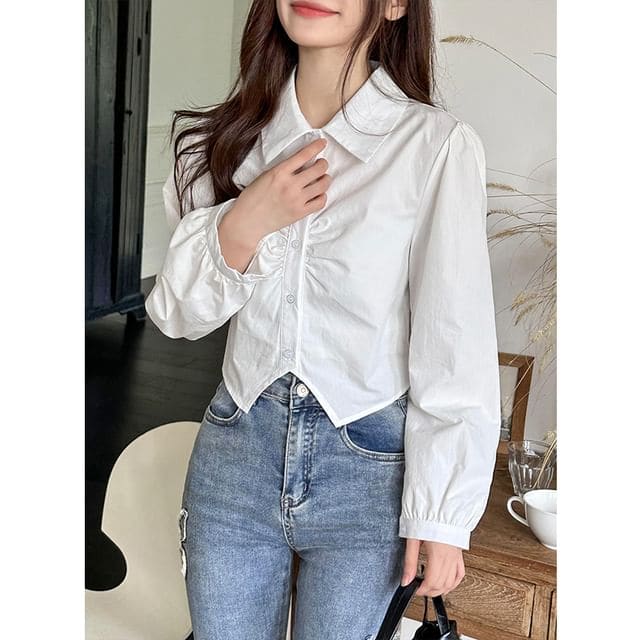 Collared Plain Ruched Shirt - White / One Size