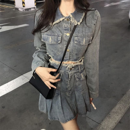 Collared Washed Fray Crop Button Denim Jacket / High Waist