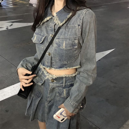 Collared Washed Fray Crop Button Denim Jacket / High Waist