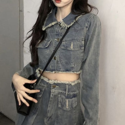 Collared Washed Fray Crop Button Denim Jacket / High Waist