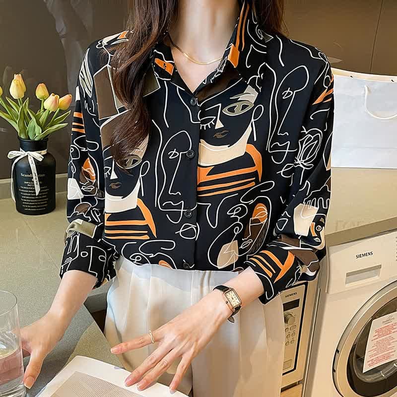 Color Abstract Graffiti Print Chiffon Shirt