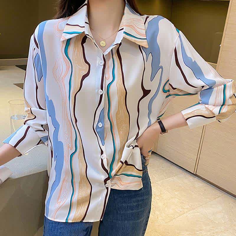 Colorblock Abstract Print Lapel Shirt Workwear