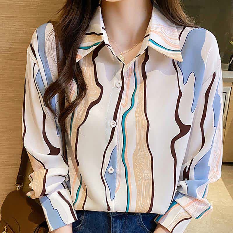 Colorblock Abstract Print Lapel Shirt Workwear