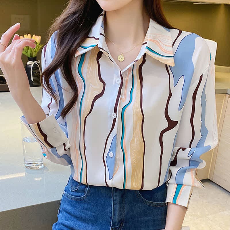 Colorblock Abstract Print Lapel Shirt Workwear