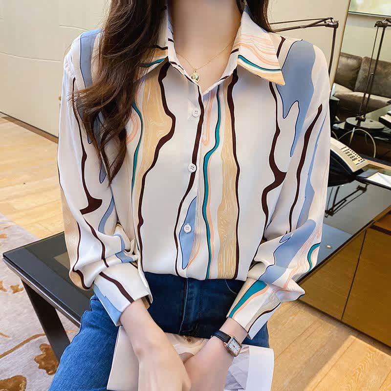 Colorblock Abstract Print Lapel Shirt Workwear