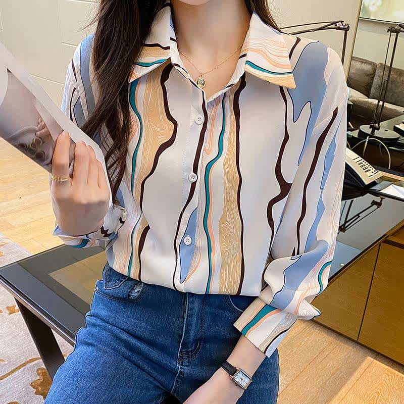 Colorblock Abstract Print Lapel Shirt Workwear