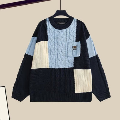 Colorblock Cable Knit Sweater Shirt Denim Pants Set - Blue