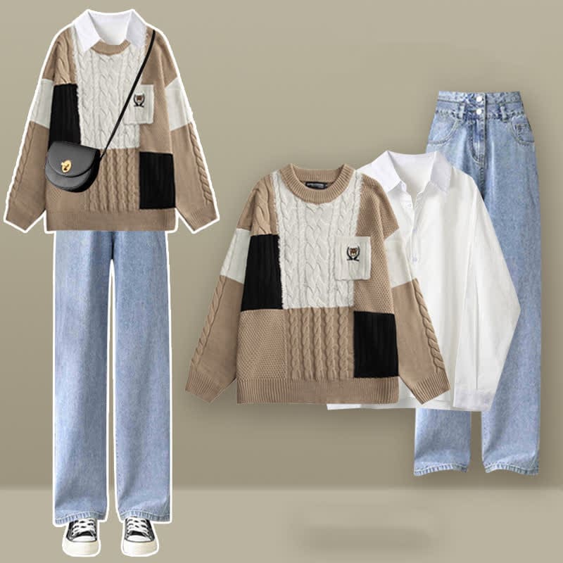 Colorblock Cable Knit Sweater Shirt Denim Pants Set - Khaki