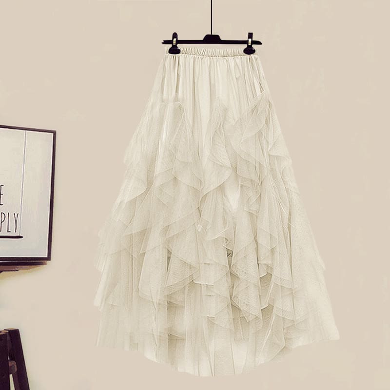 Colorblock Fake Shirt Tulle Tiered Skirt Set - Apricot