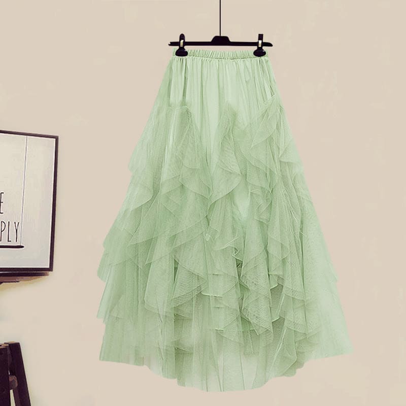 Colorblock Fake Shirt Tulle Tiered Skirt Set - Green Skirt