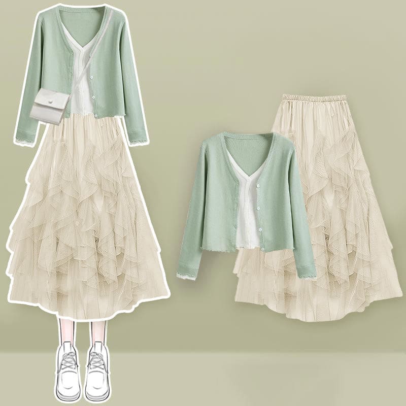 Colorblock Fake Shirt Tulle Tiered Skirt Set - Green Shirt