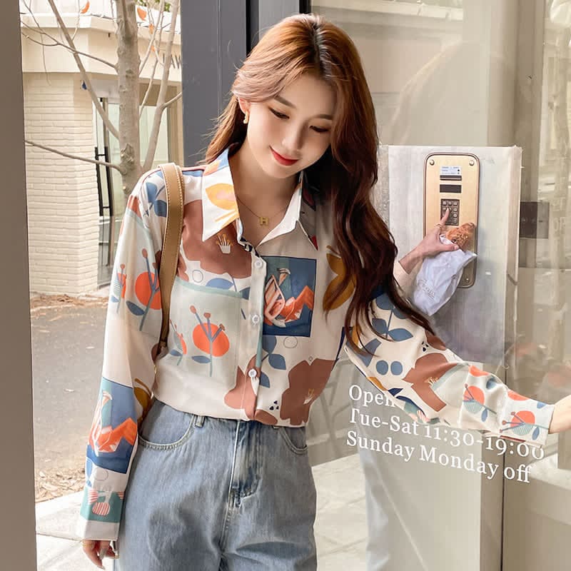 Colorblock Floral Print Casual Shirt