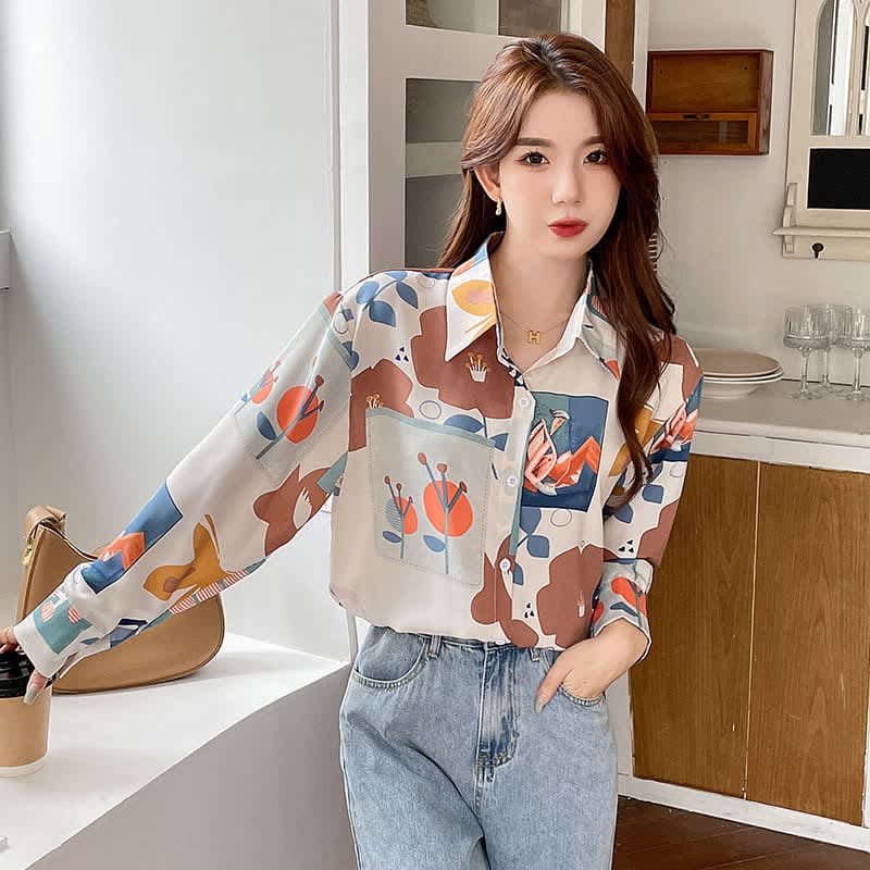 Colorblock Floral Print Casual Shirt