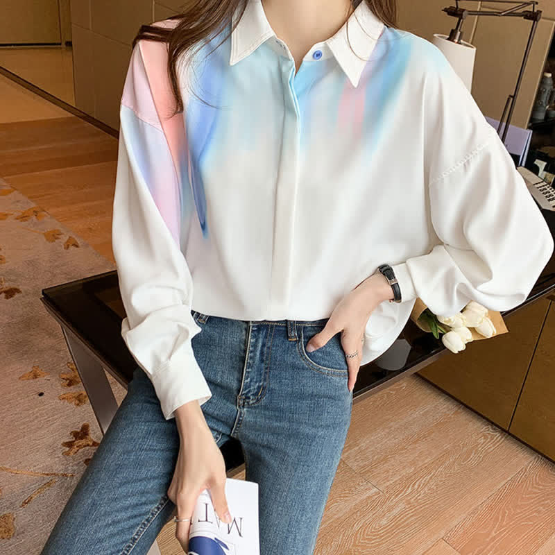 Colorblock Gradient Print Lapel Shirt