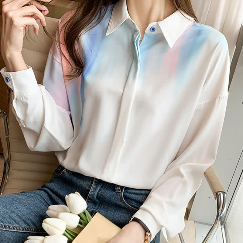 Colorblock Gradient Print Lapel Shirt