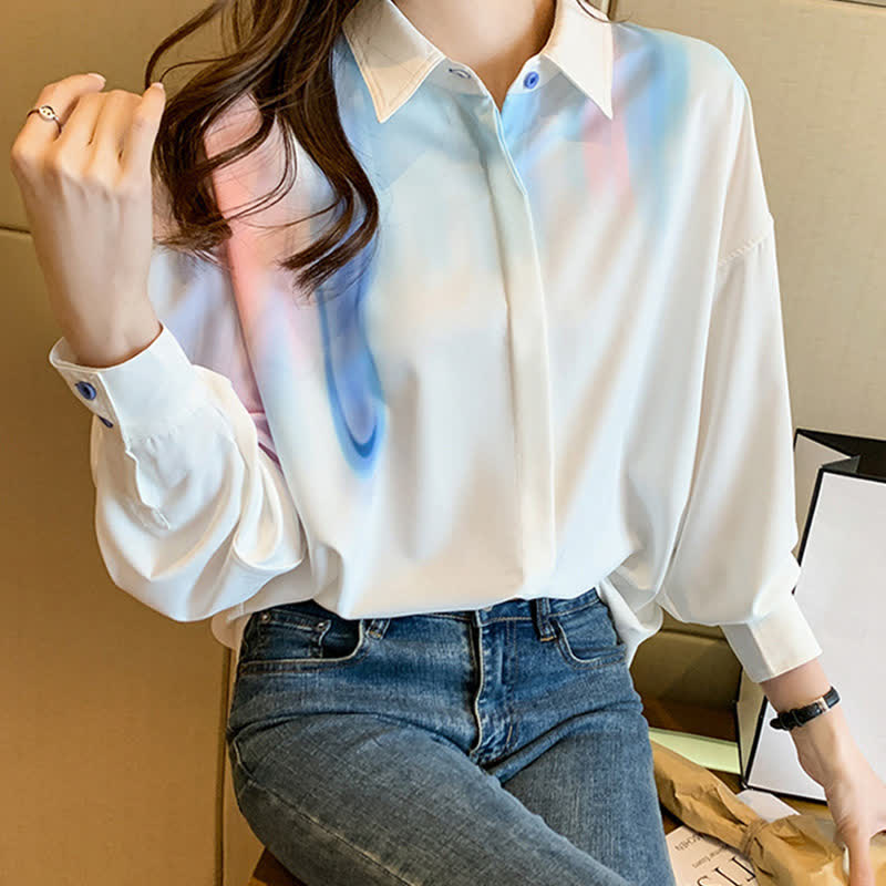 Colorblock Gradient Print Lapel Shirt