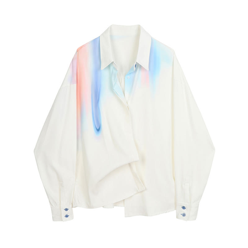 Colorblock Gradient Print Lapel Shirt - White / M