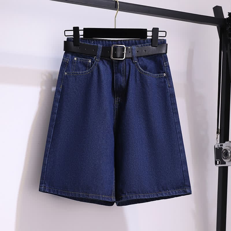 Colorblock Lapel T-Shirt Belted Denim Shorts - Shorts / M