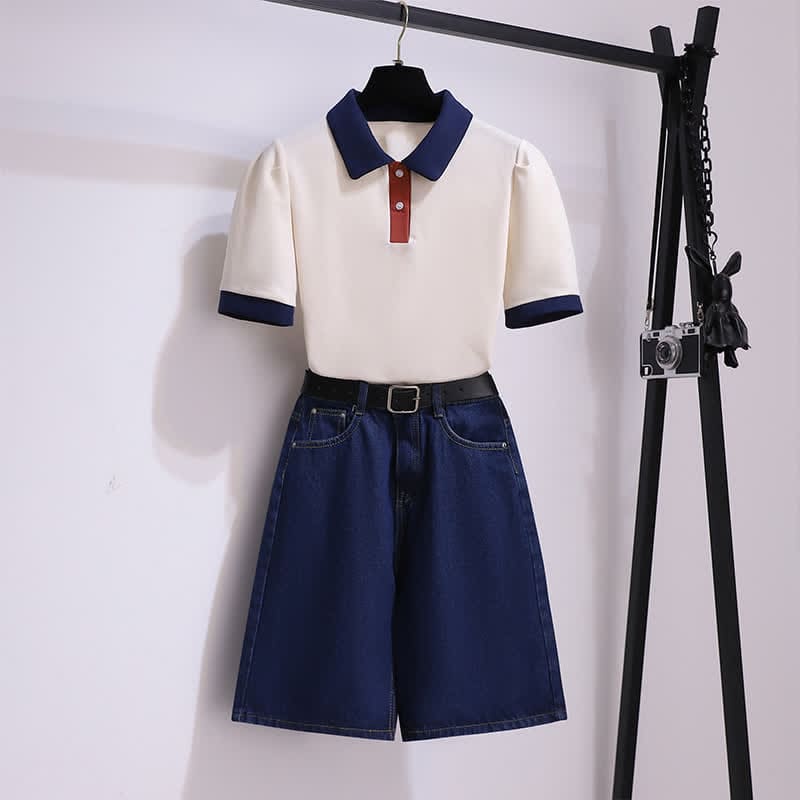 Colorblock Lapel T-Shirt Belted Denim Shorts - Set / M