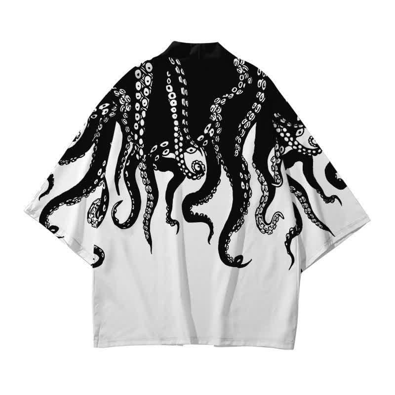 Colorblock Octopus Print Cardigan Kimono Outerwear