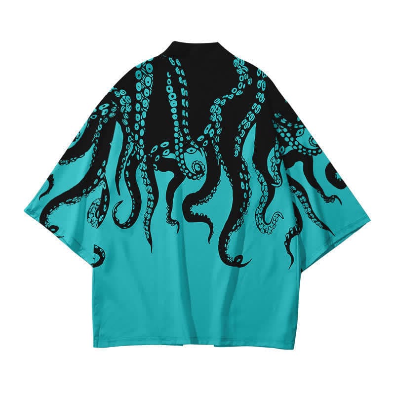 Colorblock Octopus Print Cardigan Kimono Outerwear