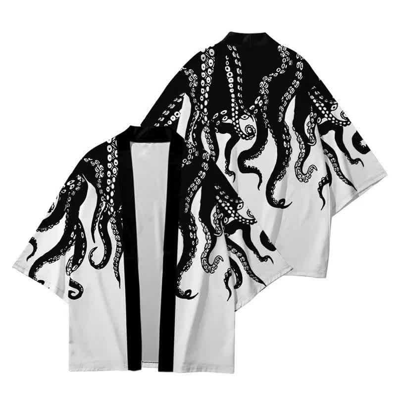 Colorblock Octopus Print Cardigan Kimono Outerwear - B / S