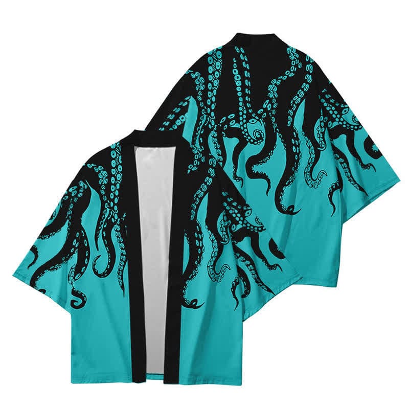 Colorblock Octopus Print Cardigan Kimono Outerwear - C / S