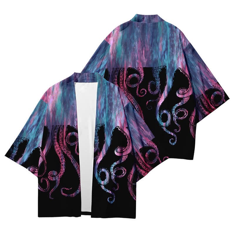 Colorblock Octopus Print Cardigan Kimono Outerwear - D / S