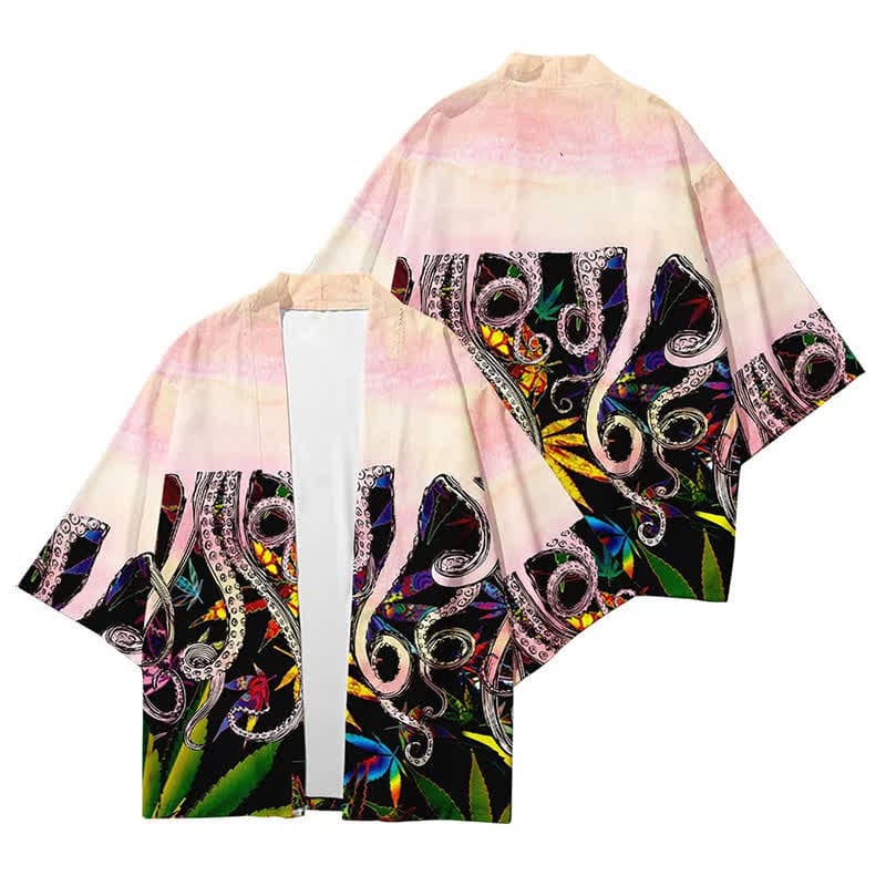 Colorblock Octopus Print Cardigan Kimono Outerwear - F / S