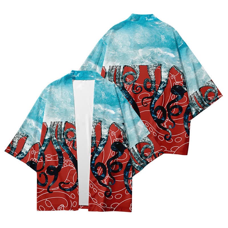 Colorblock Octopus Print Cardigan Kimono Outerwear - G / S