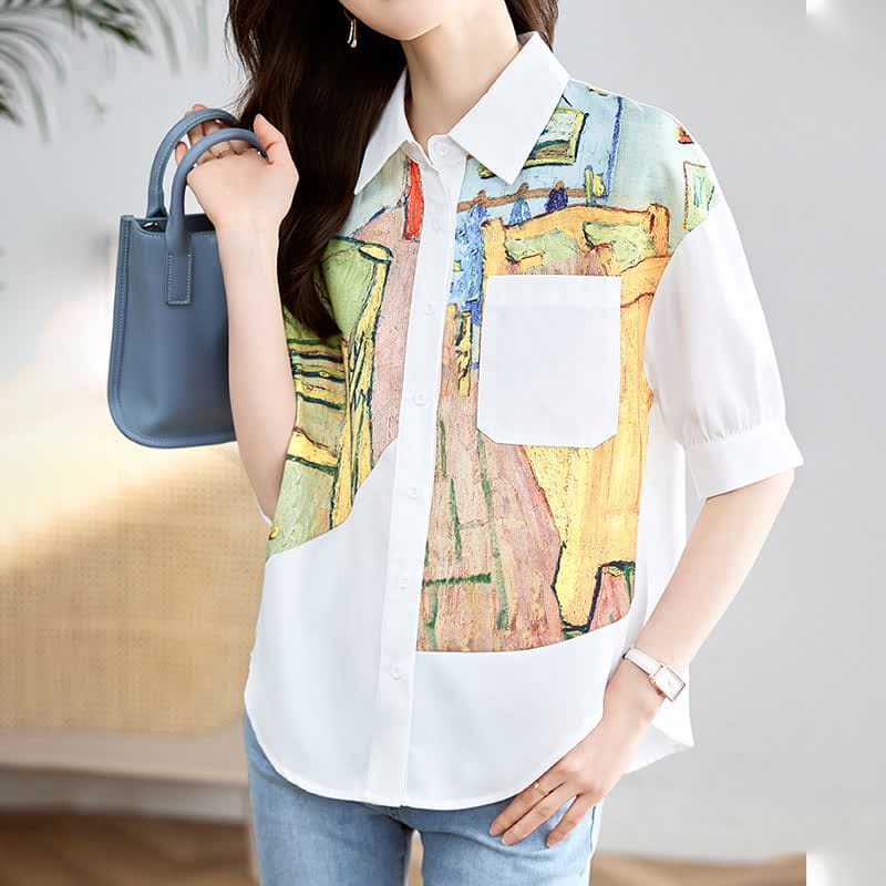 Colorblock Painting Print Pocket Lapel Shirt