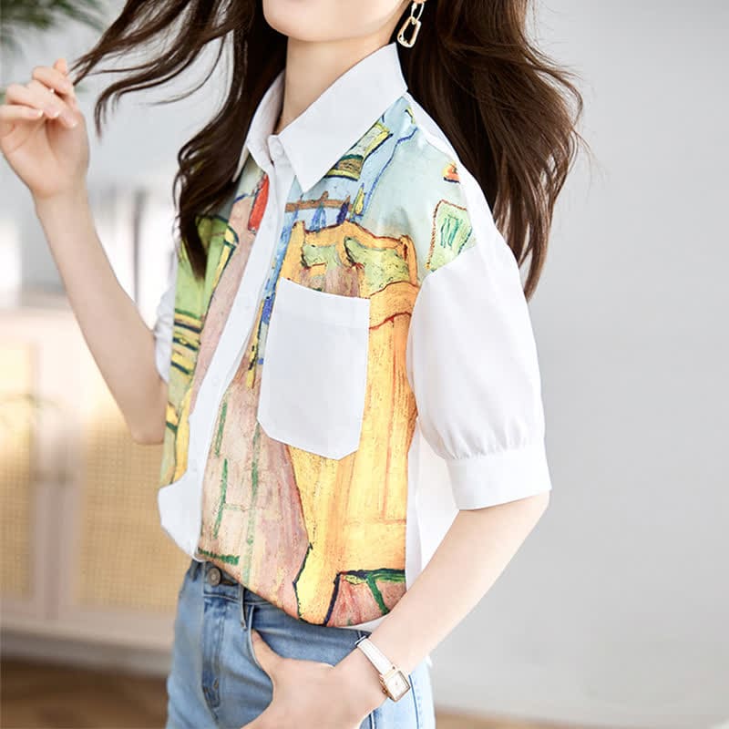 Colorblock Painting Print Pocket Lapel Shirt