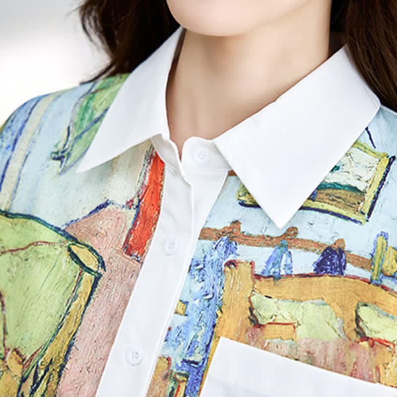 Colorblock Painting Print Pocket Lapel Shirt