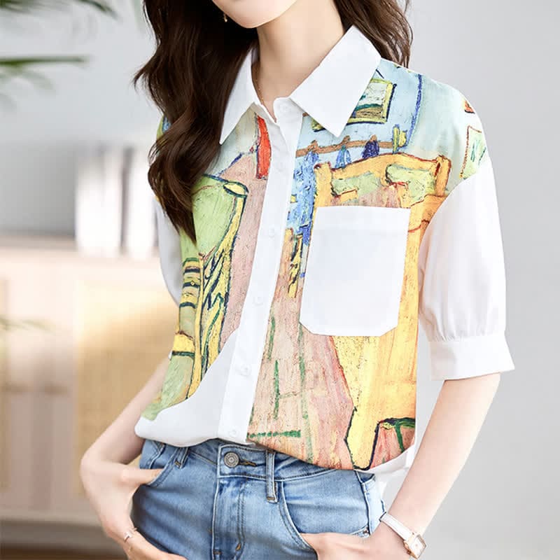 Colorblock Painting Print Pocket Lapel Shirt