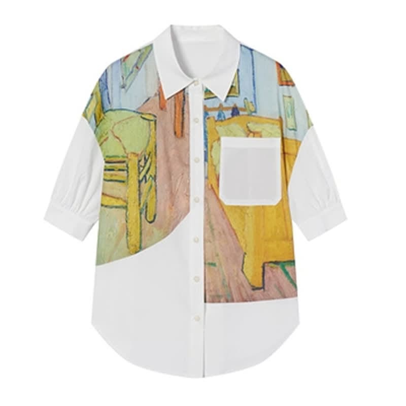 Colorblock Painting Print Pocket Lapel Shirt - White / S