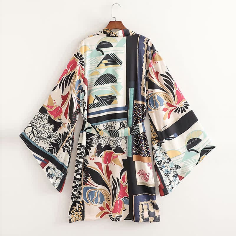 Colorblock Print Cardigan Kimono Outerwear Wide Leg Pants